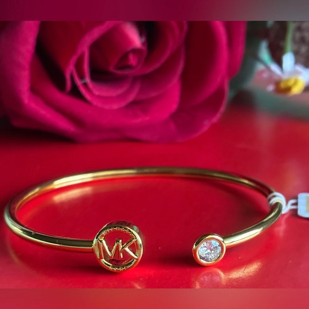 Michael Kors Gold-Tone Open Bangle Bracelet with MK Medallion